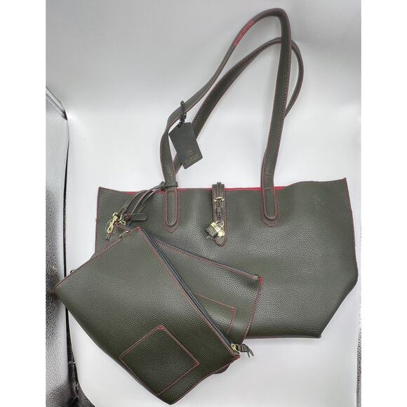 Tutilo New York Pebbled Faux Vegan Leather Olive‎ Tech Tote Bag Shoulder 2 Bags